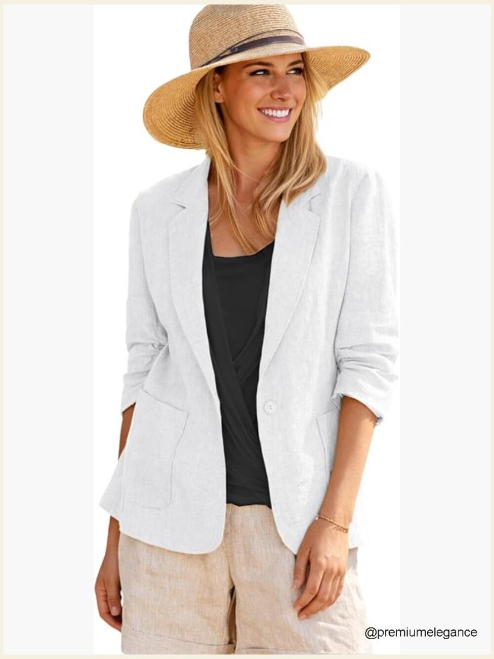 Women's Linen Blazer Jacket - Lightweight Breathable 3/4 Ruched Sleeve Work